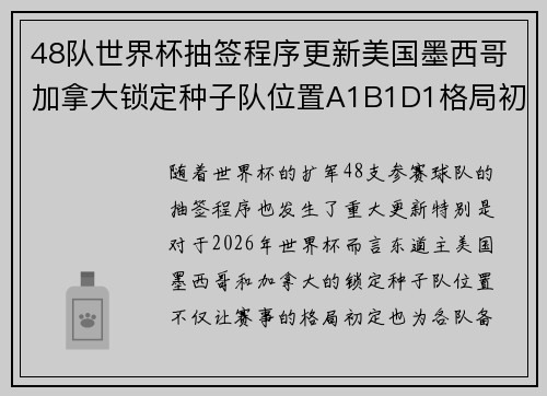 48队世界杯抽签程序更新美国墨西哥加拿大锁定种子队位置A1B1D1格局初定